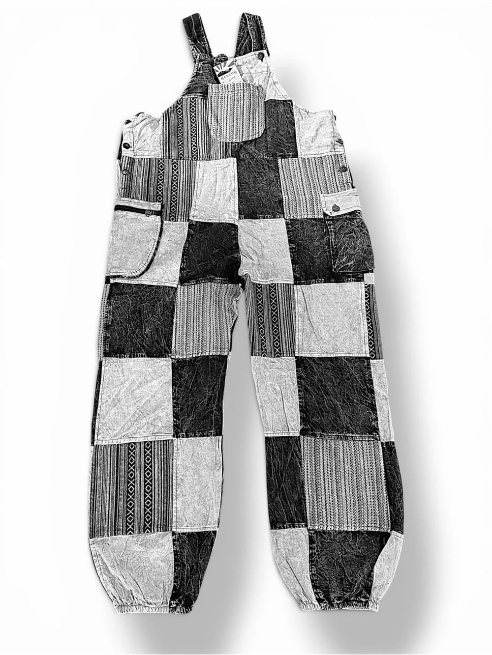 Patchwork Overalls in Black and Gray